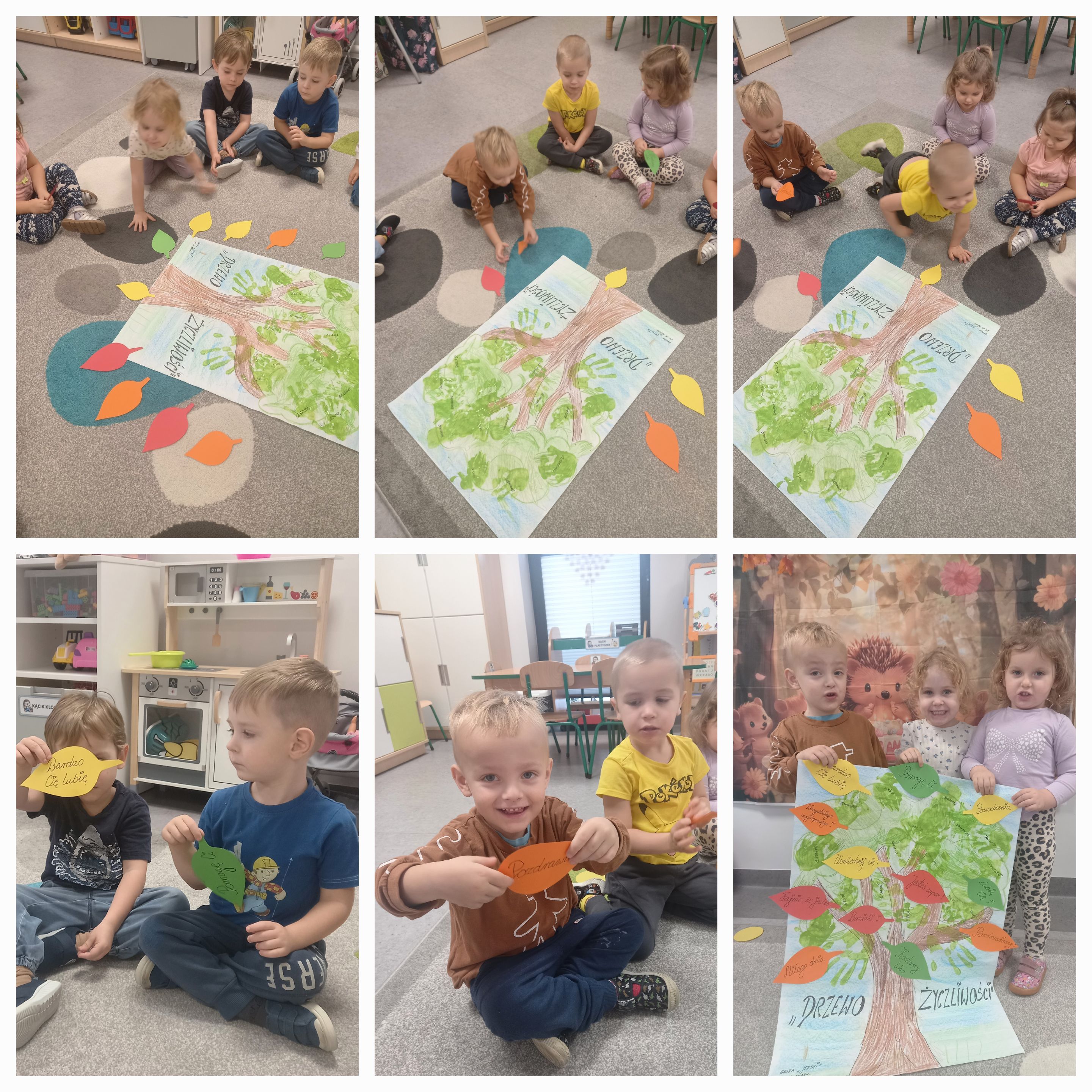 Dzieci z grupy Jeżyki z zaangażowaniem uczestniczą w zajęciach o życzliwości. Z uśmiechami na twarzach wybierają kolorowe listki i przyklejają je na wspólne „Drzewko Życzliwości”. Każdy listek zawiera krótkie, ciepłe hasło – miłe słowo.