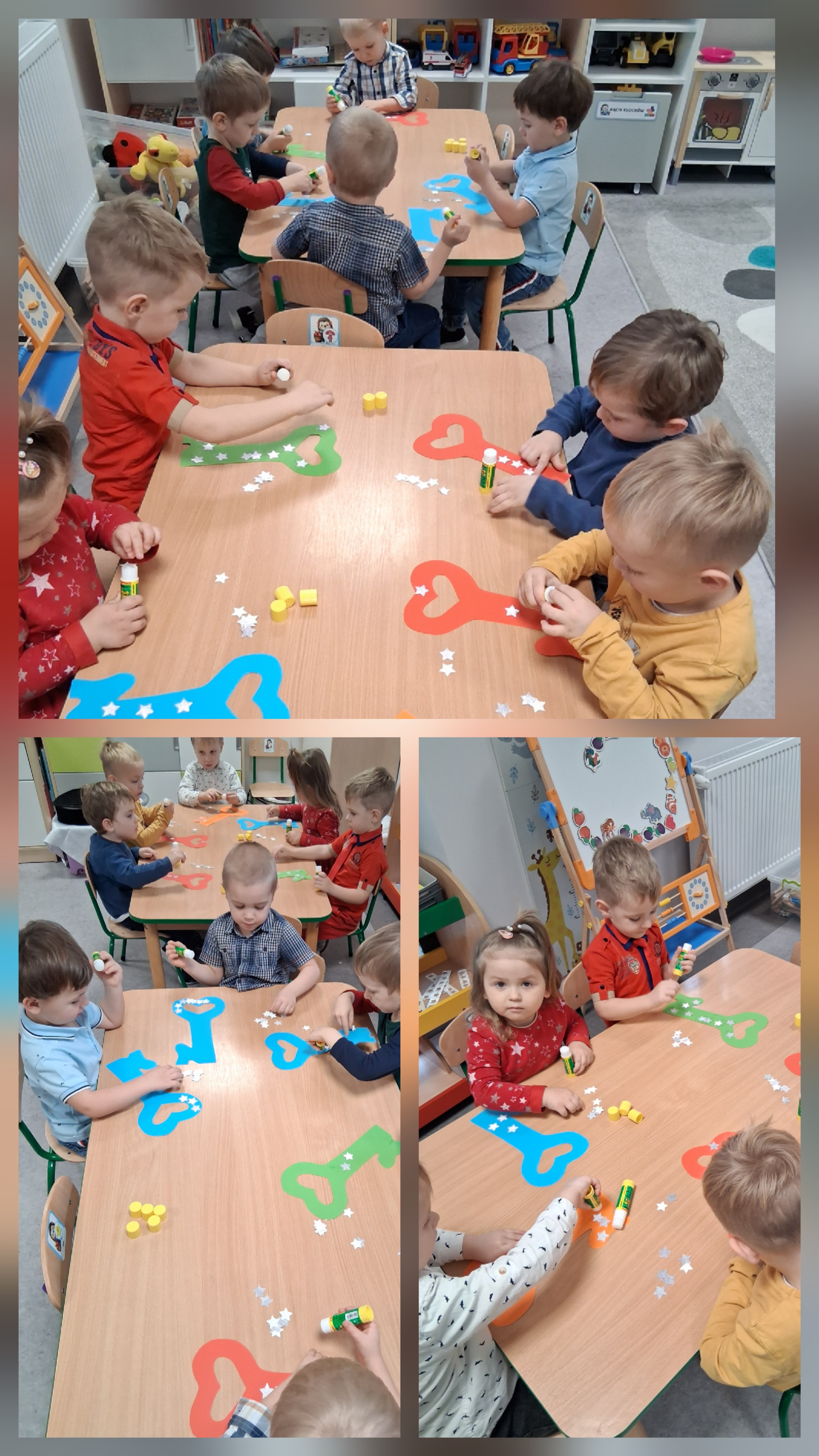 Dzieci z grupy „Jeżyki” wykonują prace plastyczne podczas zabawy andrzejkowej, tworząc kolorowe dekoracje w magicznej atmosferze.