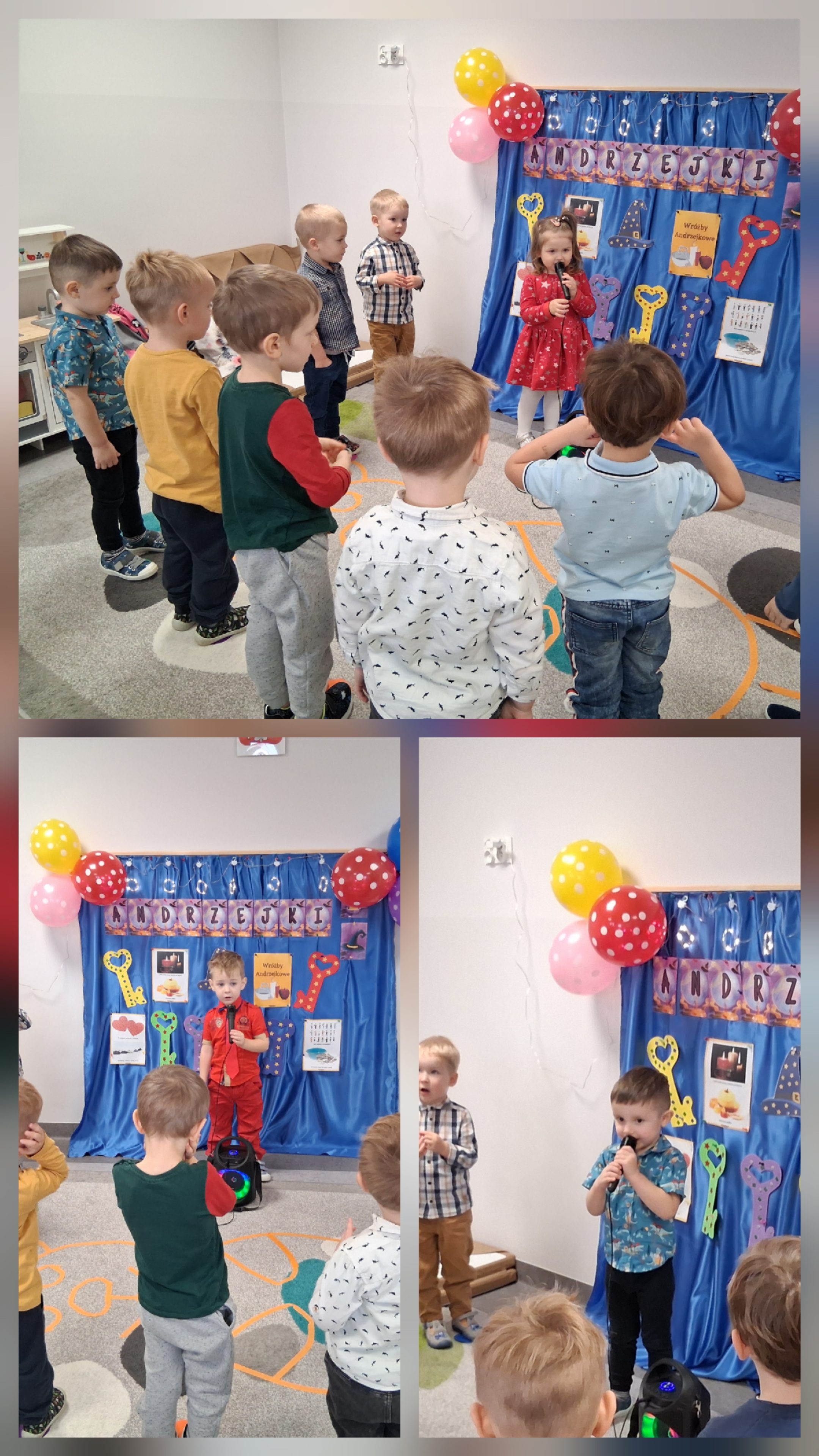 Dzieci z grupy „Jeżyki” radośnie śpiewały podczas zabawy karaoke, wypełniając salę energią i uśmiechem.