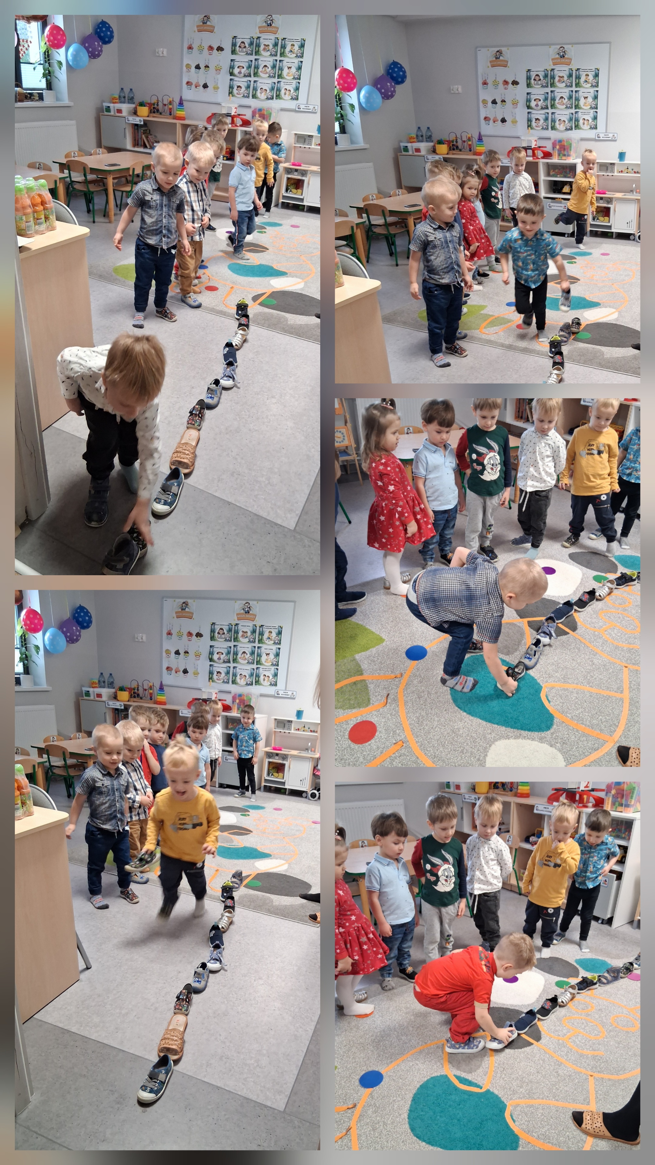 Dzieci bawią się w andrzejkową wróżbę z układaniem pantofli, z ciekawością obserwując, czyj but pierwszy dotrze do drzwi.