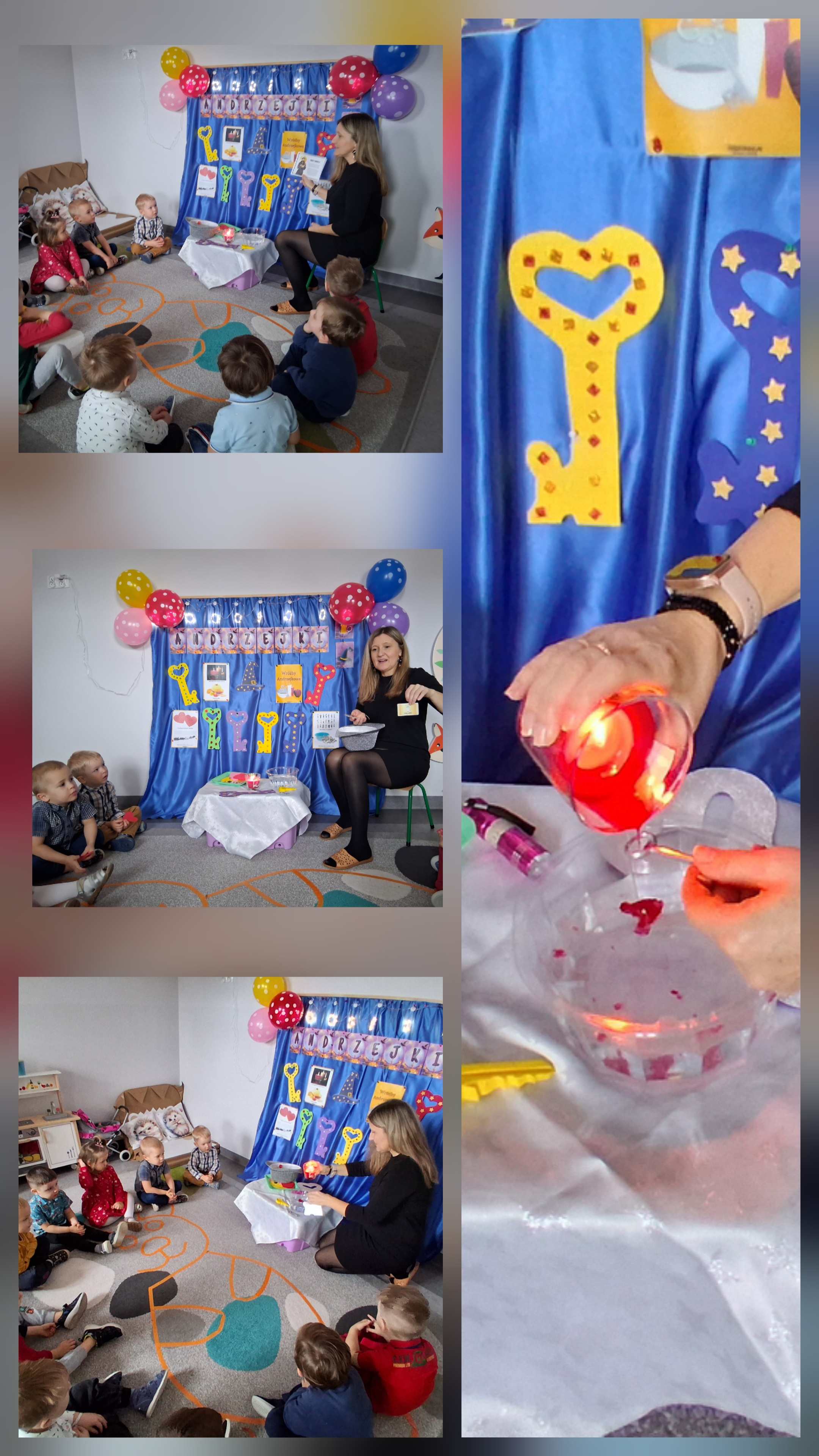 „Jeżyki” wysłuchały ciekawostek o andrzejkowych tradycjach, a następnie z zaangażowaniem wzięły udział w zabawie lania wosku.