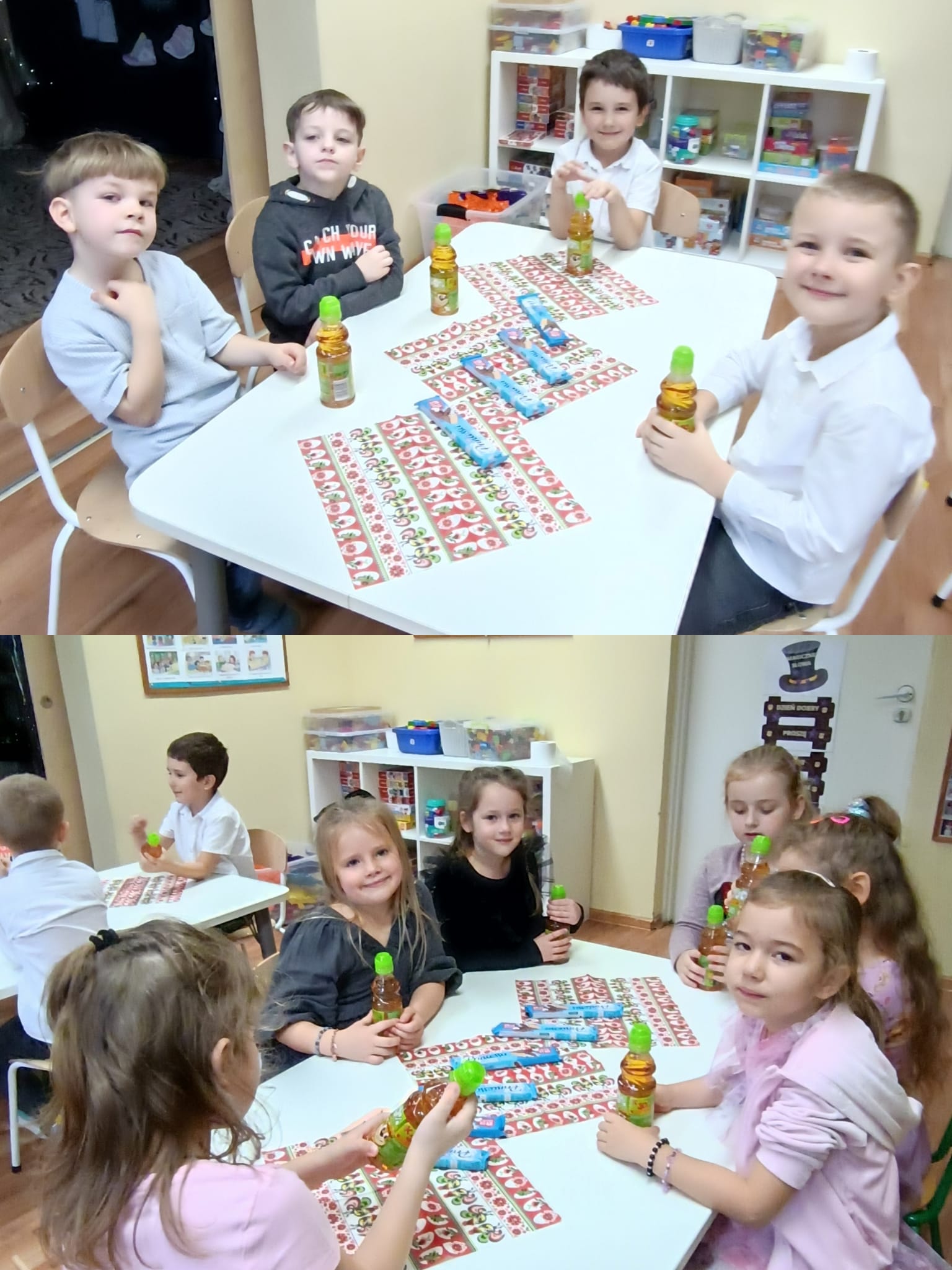 W przerwie między zabawami andrzejkowymi dzieci mogły chwilę odpocząć, pijąc soczek i zajadając pyszny poczęstunek.