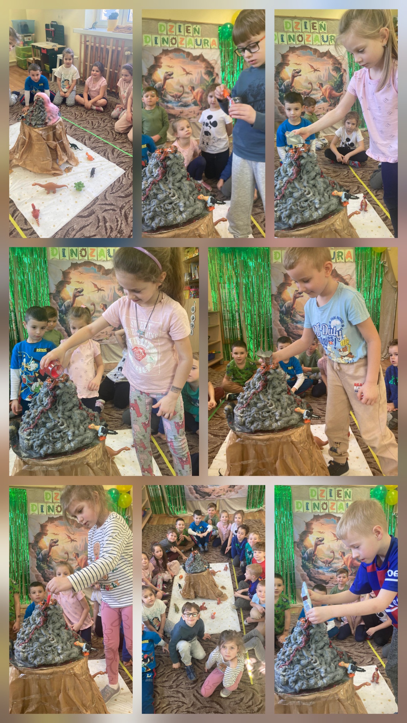 Skrzaty podczas eksperymentu „Wulkan” z radością obserwują kolorową erupcję. 🌋😊